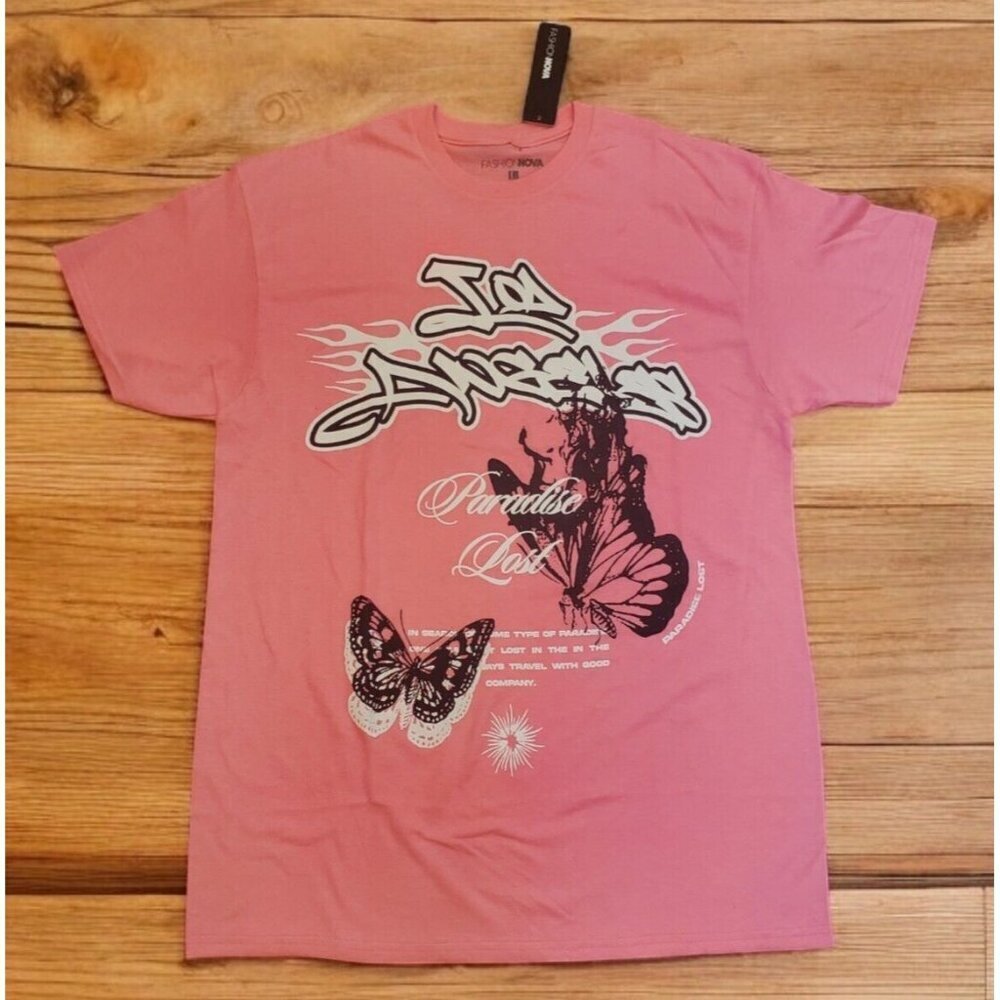 Fashion Nova T-shirt Women's Size Large Pink Paradise Lost Tee Butterflies